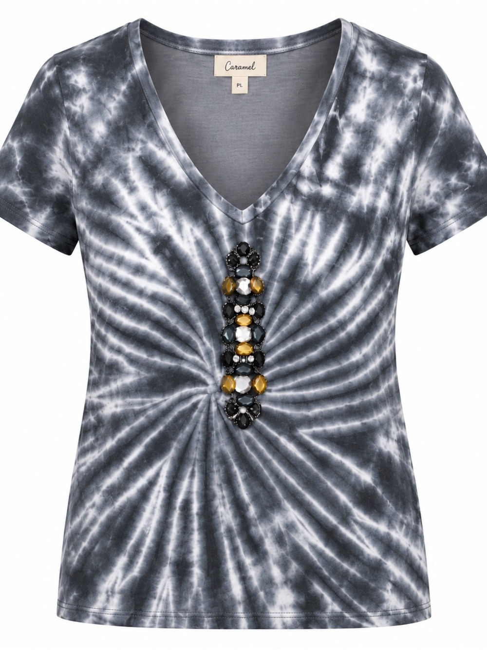 NWT Caramel Gray Tie-Dye V-Neck Short Sleeve Top with Center Jewel Detail PL
